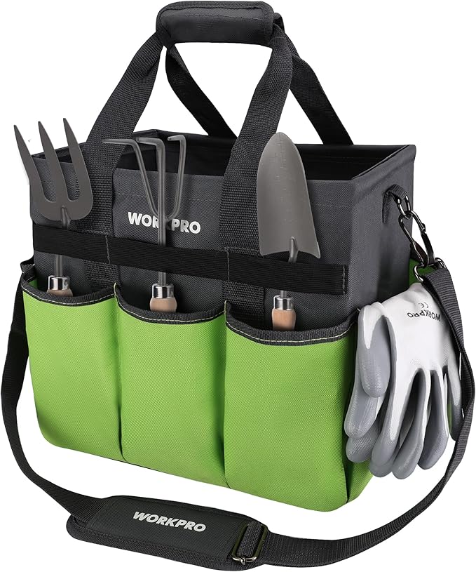 WORKPRO Garden Tool Bag Organizer, Heavy Duty Gardening Tote Bag with 10 Pockets and Long Adjustable Shoulder Strap, Standable Garden Home Tool Kits Organizer, Green-VerdiqueGarden