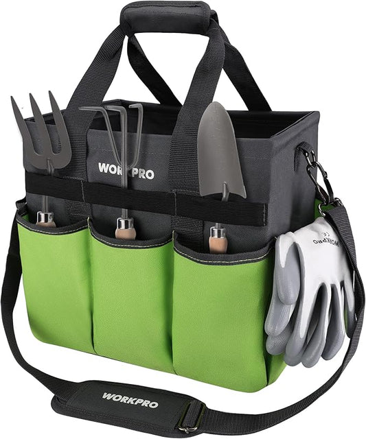 WORKPRO Garden Tool Bag Organizer, Heavy Duty Gardening Tote Bag with 10 Pockets and Long Adjustable Shoulder Strap, Standable Garden Home Tool Kits Organizer, Green-VerdiqueGarden