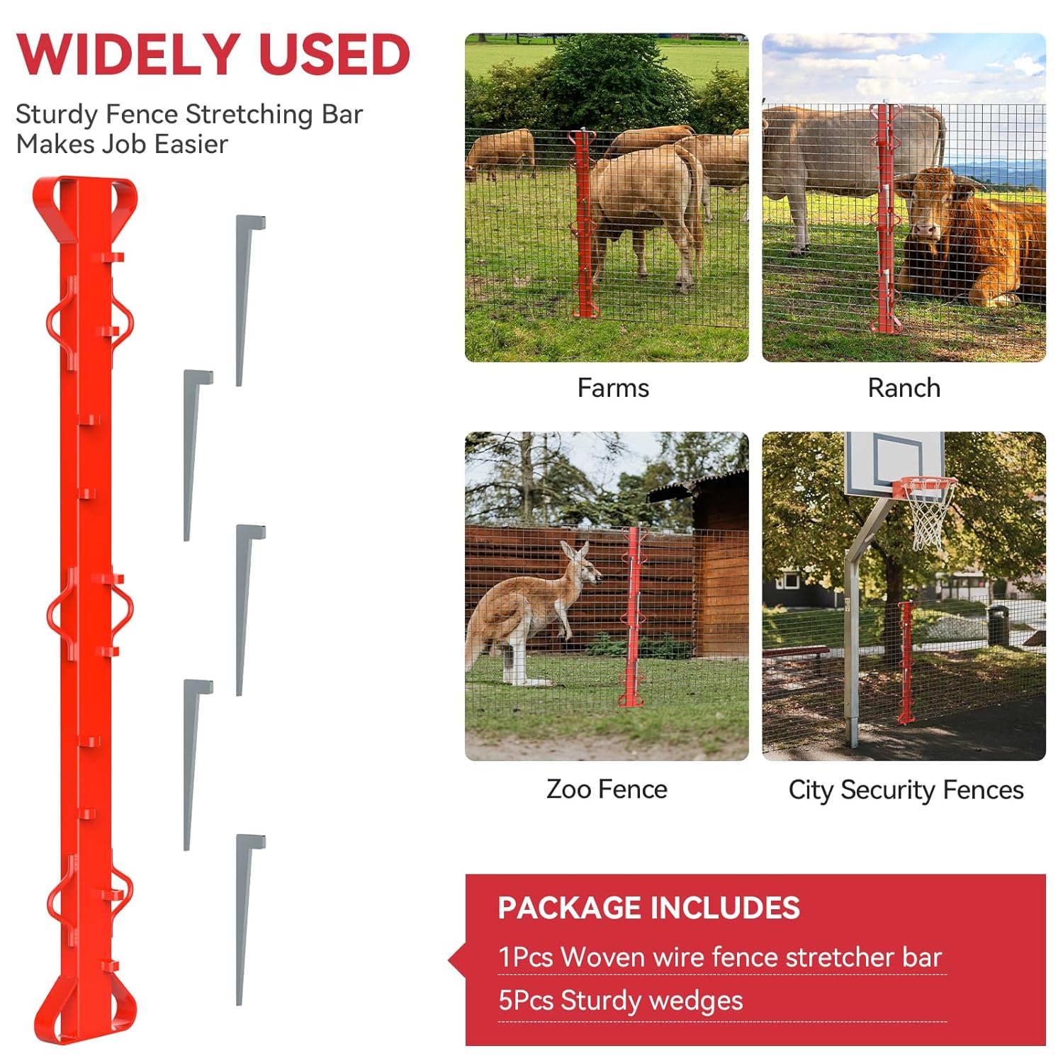 4ft Woven Wire Fence Stretcher Bar with 5 Wedges Heavy Duty Wire Stretcher Fence Tool for Farms, Ranches, Garden Barriers, Yard (Red)-VerdiqueGarden