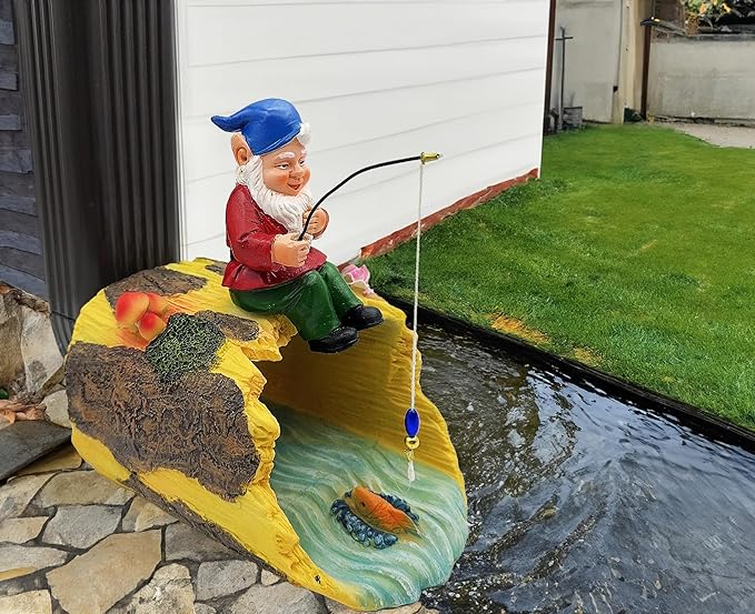 Gnome Fishing 3" x 4" Gutter Downspout Splash Block Decor, Outdoor Garden Animal Statue & Sculpture, Weather-Resistant Gutter Diverter Rain, Decorative Gutter Extension Downspout Ornament-VerdiqueGarden