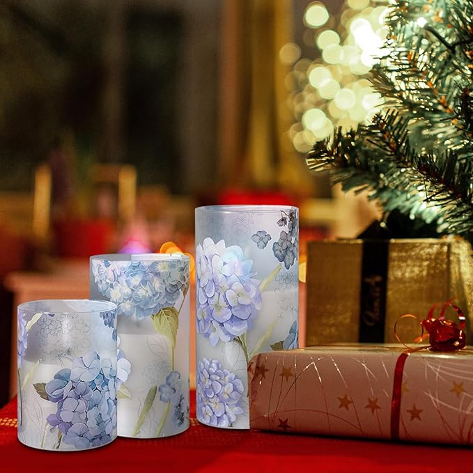Hydrangea Flameless Candles Flickering, Spring LED Battery Operated Candles with Remote Timer, Glass and Real Wax Pillar Candles for Garden Home Decor(Set of 3, D3 xH4 5" 6")-VerdiqueGarden