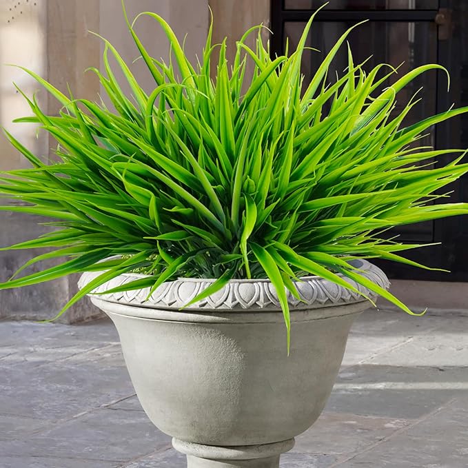 Uieke 28 Bundles Artificial Outdoor Plants UV Resistant Fake Grass Plants Faux Plastic Plants Greenery Shrubs for Home Garden Pathway Window Box Front Porch Spring Summer Decor, Green-VerdiqueGarden