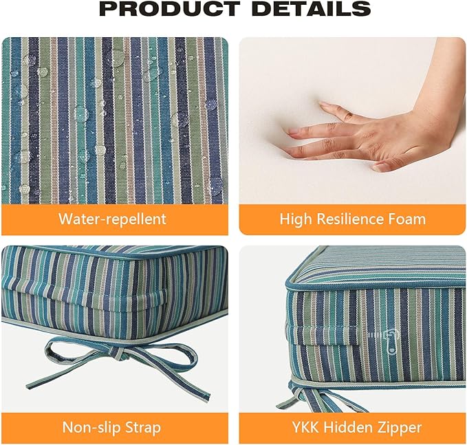 Sunbrella Square Corner Seat Cushions, 19" x 19" x 3", Set of 4, Indoor Outdoor Water Repellent Universal Chair Pads with Ties for Patio Furniture, Garden Dining Chairs, Swell Turquoise-VerdiqueGarden