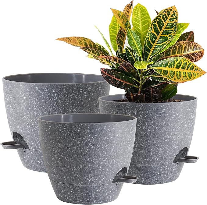 10/9/8 inch Self Watering Pots, Set of 3 Plastic Planters with Mesh Drainage Holes and Deep Reservoir for Indoor Outdoor Garden Plants and Flowers, Grey Speckles-VerdiqueGarden