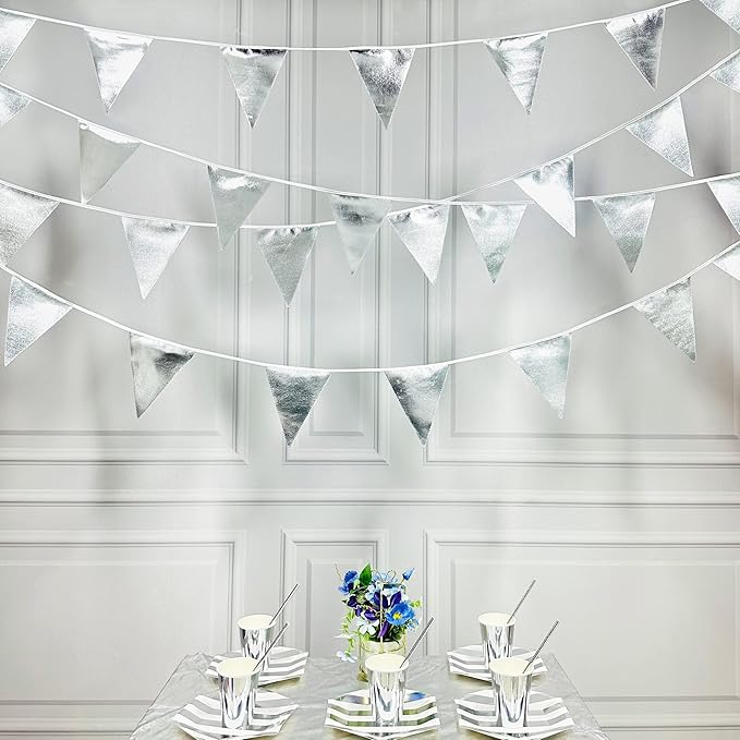 Silver Party Decorations Metallic Fabric Triangle Pennant Banner Silver Flag Bunting Garland for Graduation Birthday Wedding Bridal Shower Anniversary Engagement Bachelorette Party Decoration Supplies-VerdiqueGarden