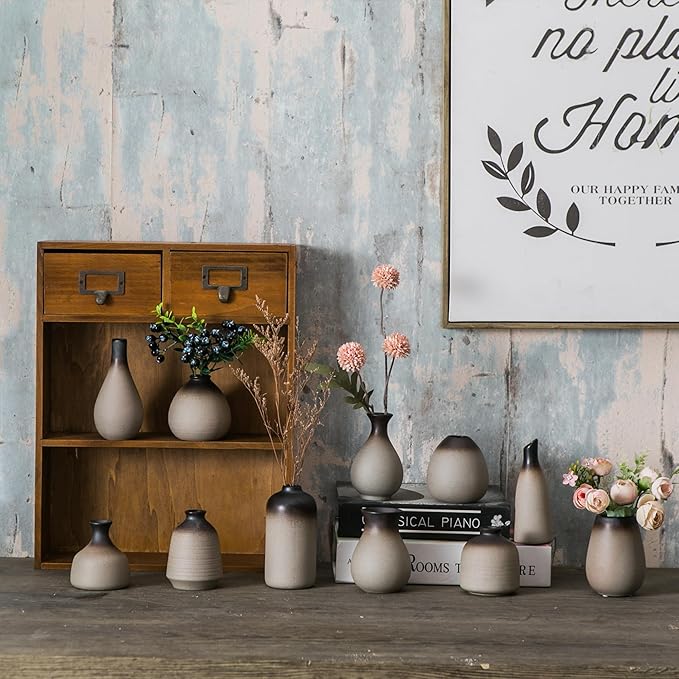 JOJUNO Rustic Bud Vase, Ceramic Small Vase Set of 11, Mini Vases for Fresh and Dried Flowers, Modern Farmhouse Home Decor, Pottery Vases for Living Room, Shelves, Centerpieces for Dining Table-VerdiqueGarden