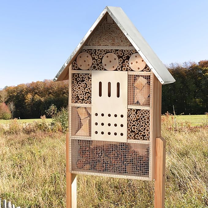 antiai Extra Large Wooden Insect House with Stakes,Wood Mason Bee Butterfly House,Insect Hotel,an Outdoor Bamboo Habitat for Ladybugs Live,Bee Box,Butterfly Habitat for Garden and Yard,30" H x15 W-VerdiqueGarden