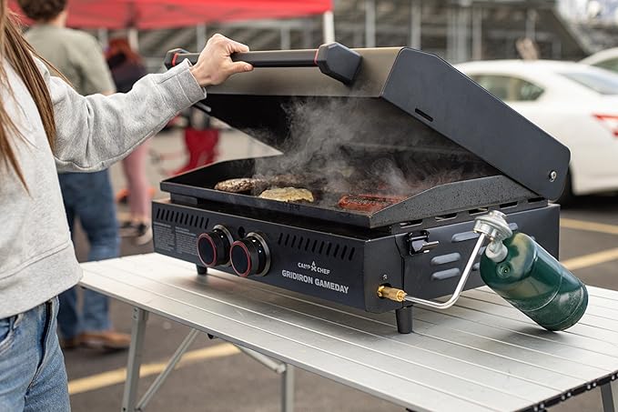 Gridiron Gameday 24" Flat Top Grill – Portable Tabletop Griddle with Hinged Lid, 24,000 BTUs, Flamethrower Ignition, Dual Heat Zones & Adjustable Legs for Tailgating, Camping, Outdoor Cooking-VerdiqueGarden