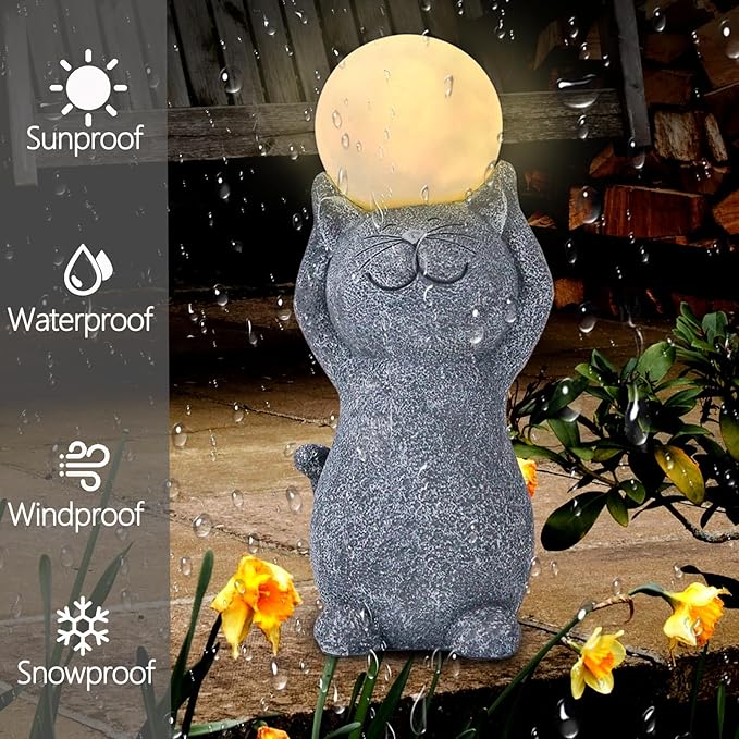 Solar Garden Decor Cat Moon Outdoor Statue and Figurine Lights, Outdoor Patio Sculpture Decor LED Light Gifts for Mom or Daughter, Garden Statues Birthday Gifts for Women Home and Yard with Solar Lamp-VerdiqueGarden