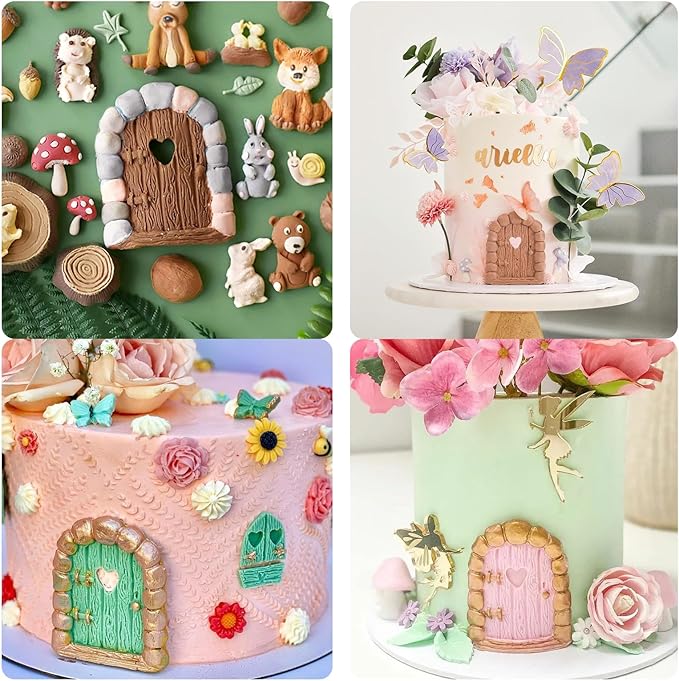 Fairy Garden Door Silicone Molds, Enchanted Vintage Gnome Home Window Door Fondant Molds, Mushroom Flower Leaf Chocolate Baking Molds for Cake Decoration Cupcake Topper Candy Clay Resin-VerdiqueGarden