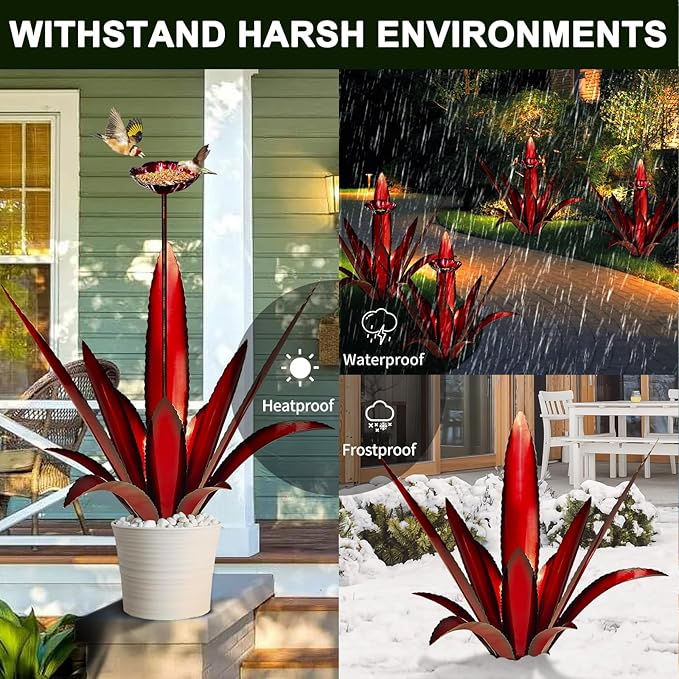 Upgraded Large Metal Yard Art, Metal Agave Plant Yard Decorations Outdoor Sculpture, Metal Flowers for Outside, Waterproof Outdoor Garden Decor (Red + Bird Feeder)-VerdiqueGarden