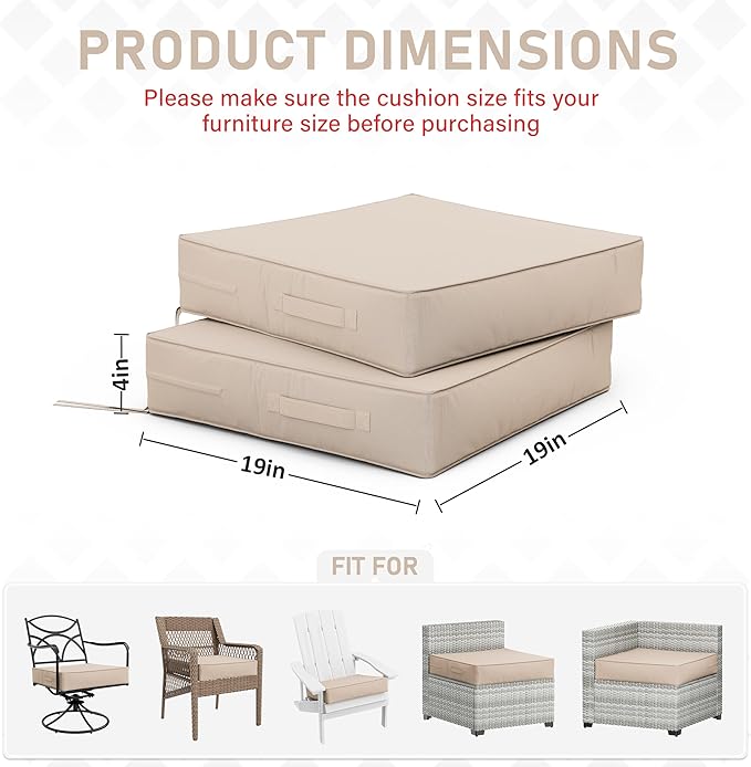 Patio Chair Cushions 19 X 19 X 4 Inch Waterproof Outdoor Seat Cushions for Patio Furniture, Outdoor Sofa Couch Pads with Ties & Handle, Set of 2, Sand-VerdiqueGarden