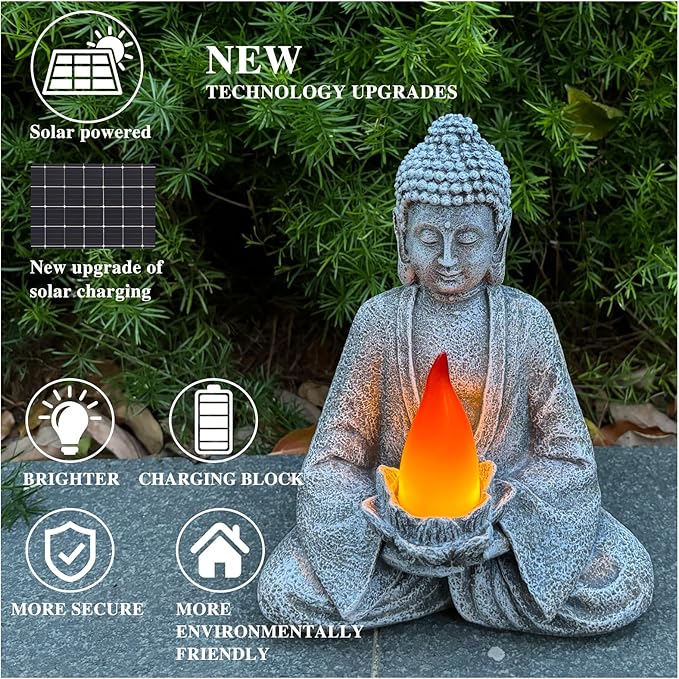 Buddha Statue for Home and Outdoor Decor Solar Powered Flickering LED,Garden Light Zen Meditation Spiritual Room Decor- Buddha Decor Outdoor-Ideas Gifts for Women, Mom-VerdiqueGarden
