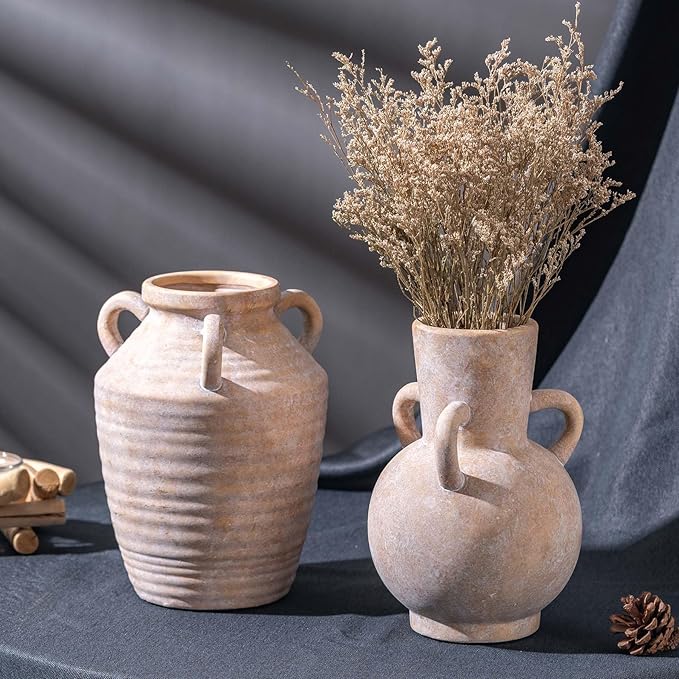 Vintage Terracotta Ceramic Vase with Handles, Rustic Beige Pottery Tulip Vase for Cottage Core Home Mantle Decor, Farmhouse Table Centerpieces, Large Bulk Flower Vases Jarrones Decorativos para Sala-VerdiqueGarden