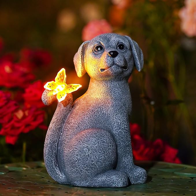 Garden Decor Solar Dog Statues: Outdoor Sculptures with Glowing Butterfly for Lawn Ornaments Yard Art Porch Patio Balcony - Gifts for Mom Grandma Women-VerdiqueGarden