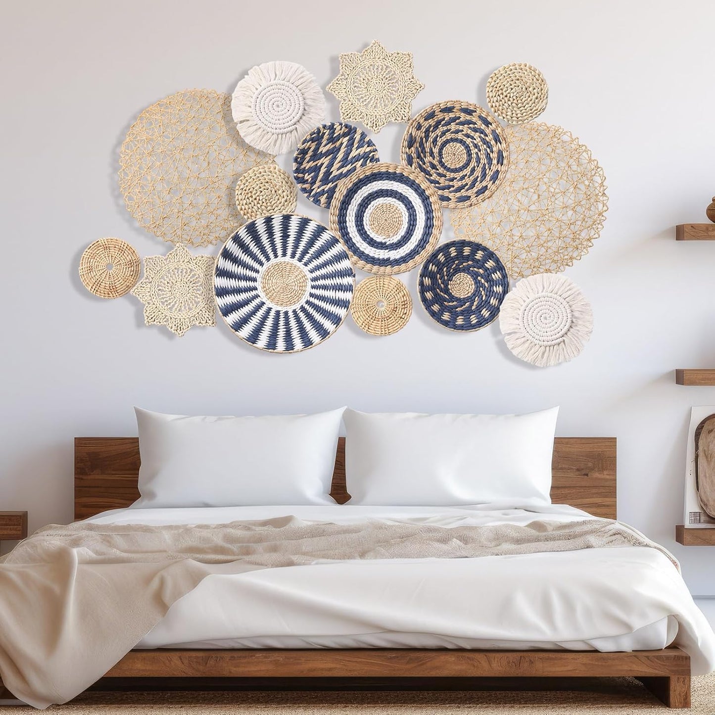 15 Pcs Boho Wall Basket Decor Woven Rattan Seagrass Wall Decor Hanging Rustic Farmhouse Western Art Decoration for Nursery Living Room Bedroom Home Kitchen(Blue Style)-VerdiqueGarden