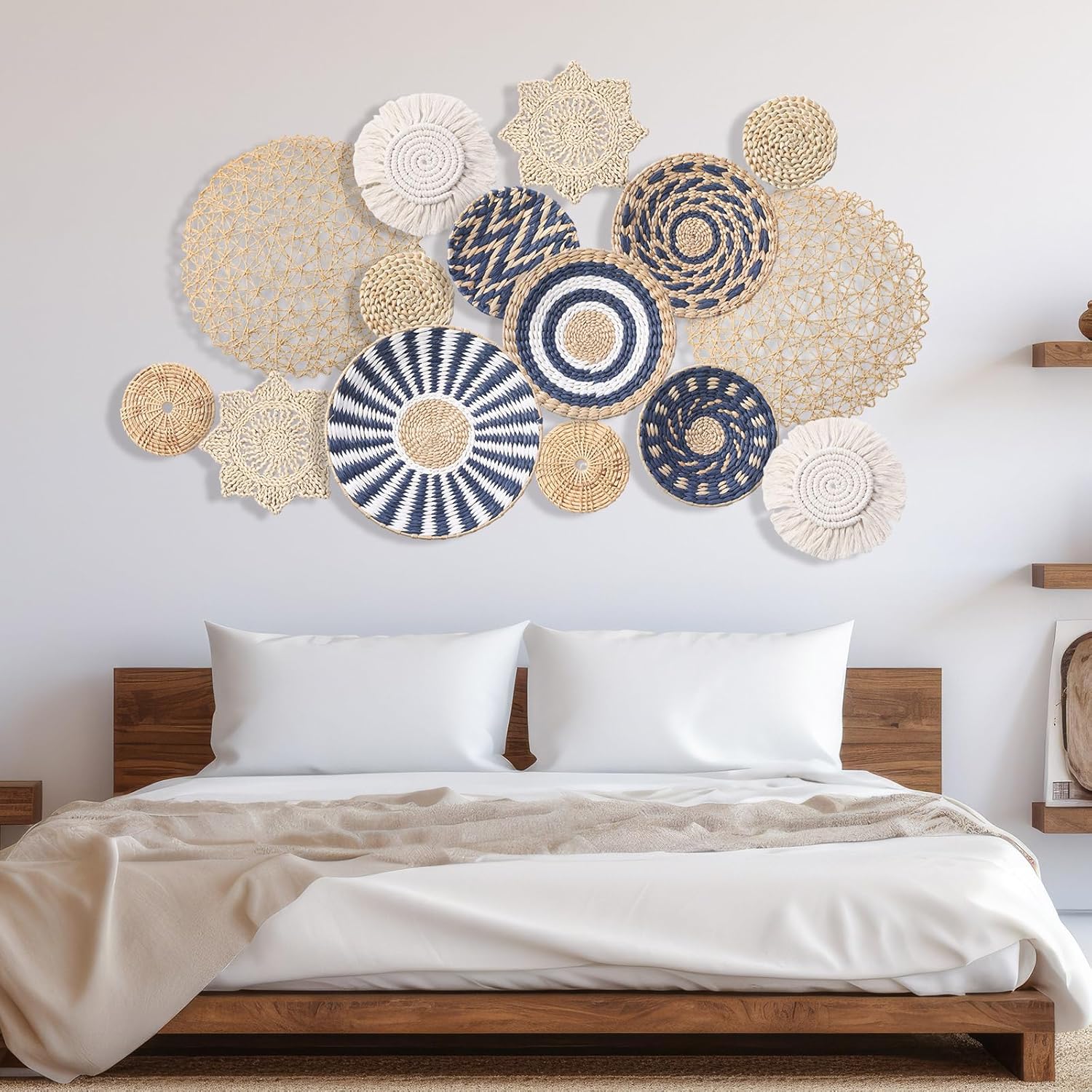 15 Pcs Boho Wall Basket Decor Woven Rattan Seagrass Wall Decor Hanging Rustic Farmhouse Western Art Decoration for Nursery Living Room Bedroom Home Kitchen(Blue Style)-VerdiqueGarden