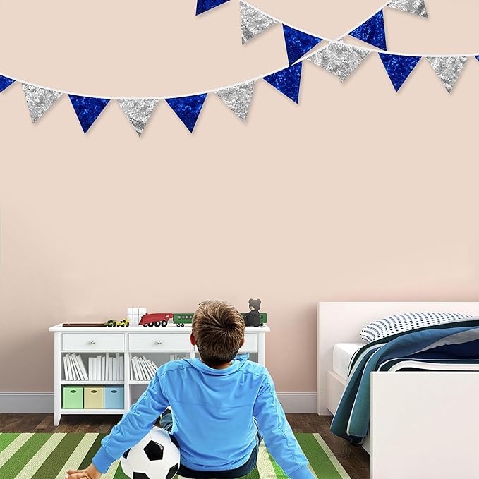 Pinkblume Silver Blue Double Sided Sequin Fabric Triangle Pennant Banner Flag Bunting Garland for Nautical Ahoy Anchor Theme Nursery Home Classroom Wall Decor-VerdiqueGarden