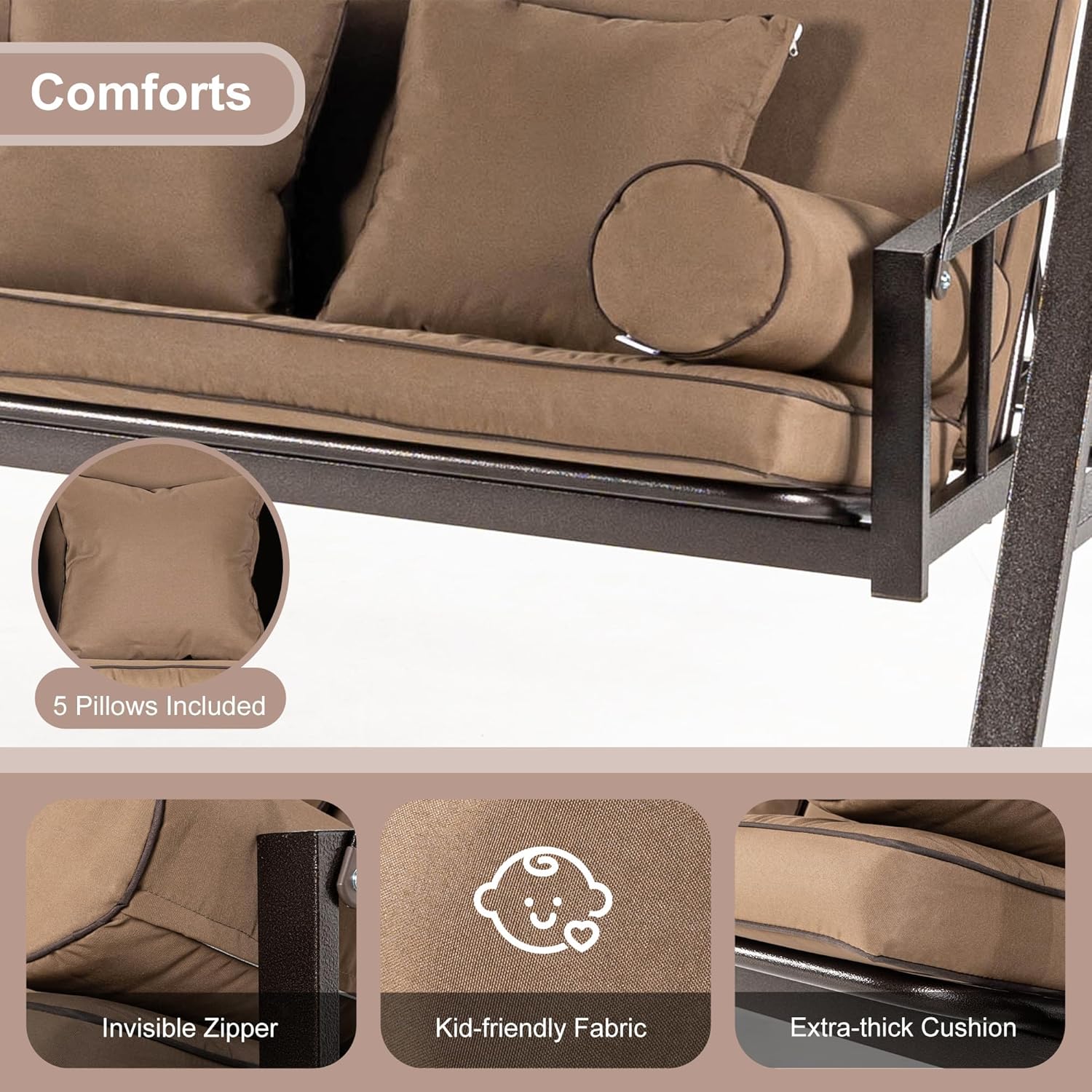 PURPLE LEAF Outdoor Patio Porch Swing Adjustable Backrest, 3-seat Swing Chair with Weather Resistant Steel Frame for Backyard Front Porch Lawn, Cushion and Pillows Included, Beige-VerdiqueGarden