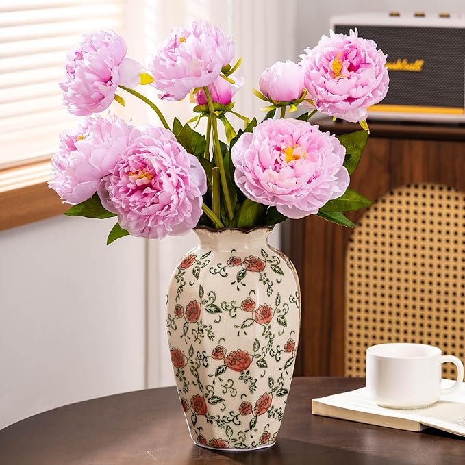 Green&Beige Vintage Octagonal Vase, Red Rose Chinoiserie Floral Vase, Farmhouse Antique Decorative Ceramic Flower Vases for Bouquet, Home Decor, Living Room, Bookshelf, Office, Tuscan Decor 9.1 Inch-VerdiqueGarden