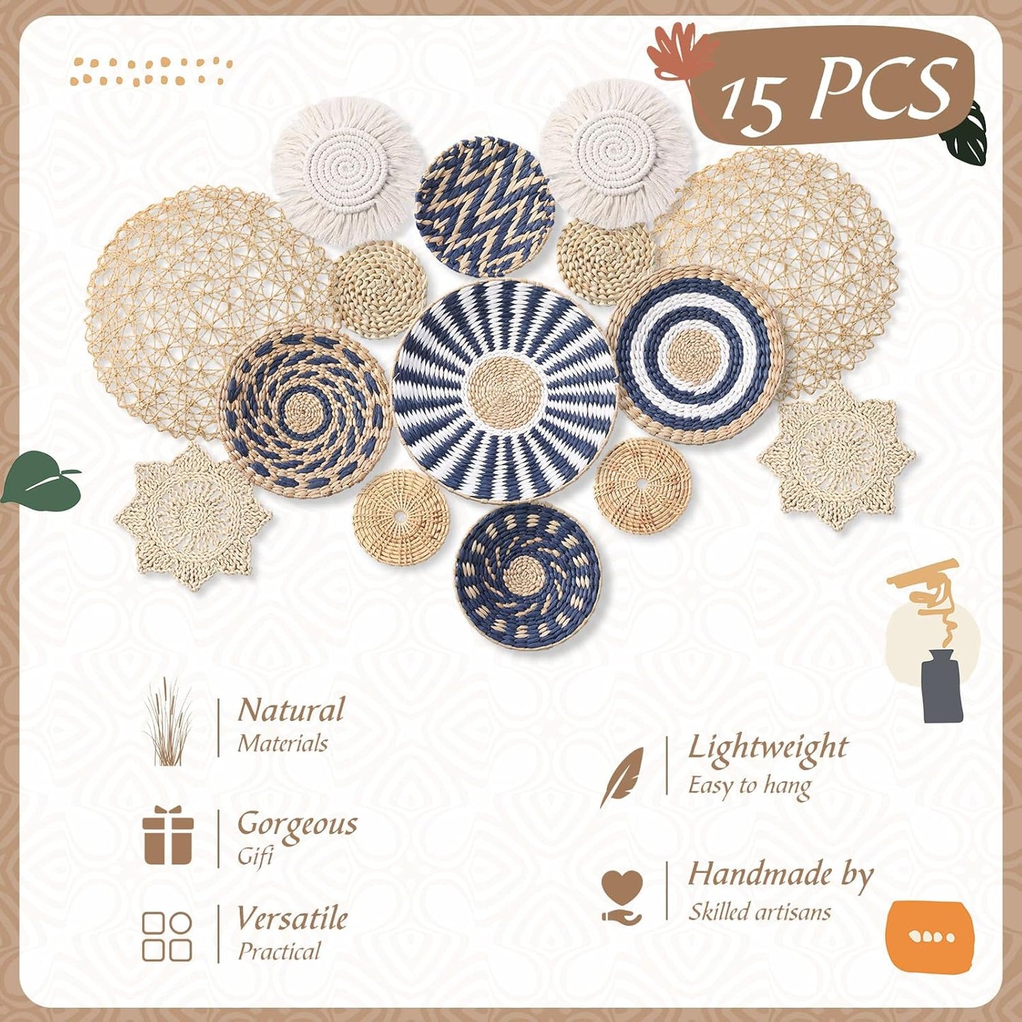 15 Pcs Boho Wall Basket Decor Woven Rattan Seagrass Wall Decor Hanging Rustic Farmhouse Western Art Decoration for Nursery Living Room Bedroom Home Kitchen(Blue Style)-VerdiqueGarden