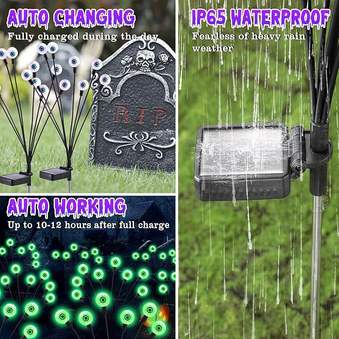 ASMAD Halloween Decorations Outdoor Solar Scary Eyeball Lights, 4Pack 32LEDs Green Eyeball Swaying Firefly Light, Waterproof Halloween Path Lights for Garden/Yard/Patio/Party Decor-VerdiqueGarden