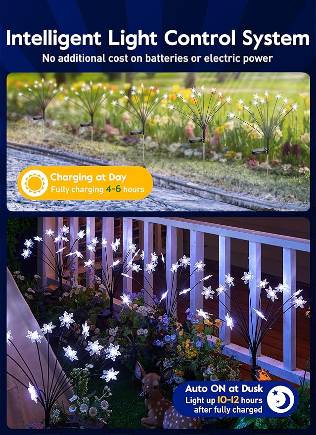 Brightown Christmas Pathway Lights - 4 Pack 48 LED Snowflake Outdoor Lights With 2 Modes, Waterproof Solar Firefly Decoration for Yard, Cool White-VerdiqueGarden