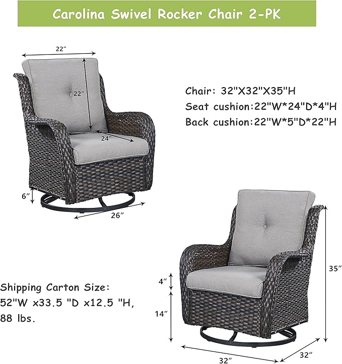 Outdoor Patio Swivel Rocker Chairs - Wicker Rattan Patio Swivel Rocking Chairs Set of 2 with High Back,Deep Seating and Comfort Cushions for Deck Porch Garden,rown/Grey-VerdiqueGarden