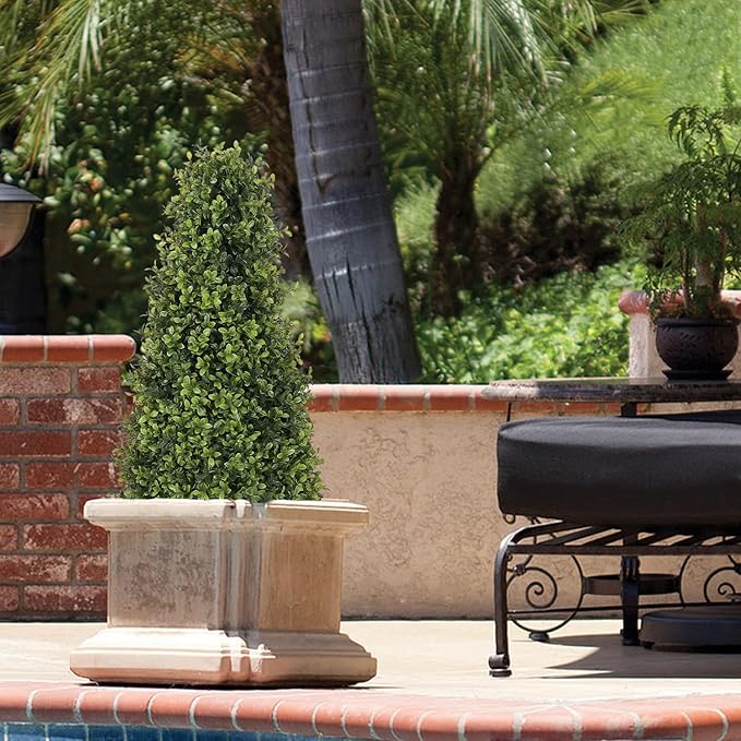 3ft Artificial Boxwood Topiary Trees (Set of 2) - UV Resistant Faux Plants Outdoor, Realistic 36" Fake Cone Bushes and Shrubs for Front Porch, Planter, Patio - Low Maintenance & Evergreen-VerdiqueGarden