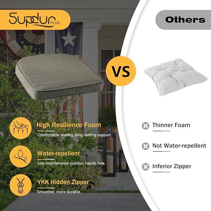 Outdoor Outdoor Round Corner Seat Cushion, 17"x16"x2", Set of 4, Non Slip Seat Cushion Pads with Removable Cover for Patio Furniture, Garden Yard Lawn, Dark Black Tan Stripe-VerdiqueGarden