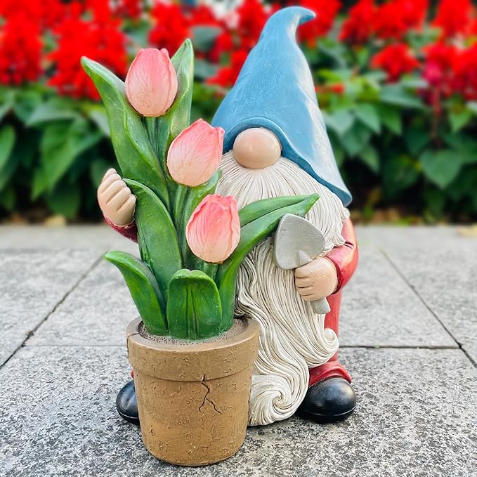 Garden Gnome Statue, Sculpture of a Dwarf Holding a Shovel and a Flower Pot, Solar Gnome Statues Outdoor Decor, Outside Lawn Patio Yard Ornament Gifts-VerdiqueGarden