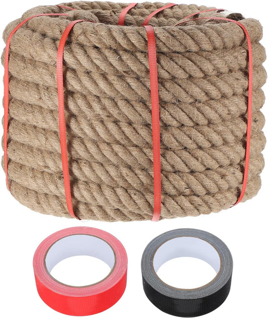 MECCANIXITY Jute Rope 1.4 Inch x 85ft, Thick Twine Rope Ropes Braided Jute Twine Natural Brown Burlap Cord String Heavy Twisted with Tapes for Decorative Crafts Railing Swing Tug of War-VerdiqueGarden
