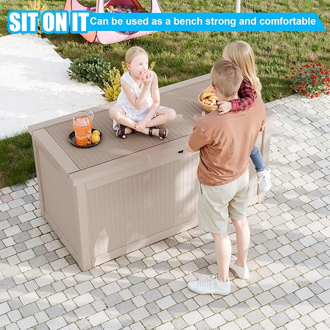 260 Gallon Large Resin Deck Box, Lockable Outdoor Storage Box for Patio Cushions Storage Furniture,Garden Tools, Pool Supplies, Weatherproof and UV Resistant- Grey Rattan (260 Gallon)-VerdiqueGarden