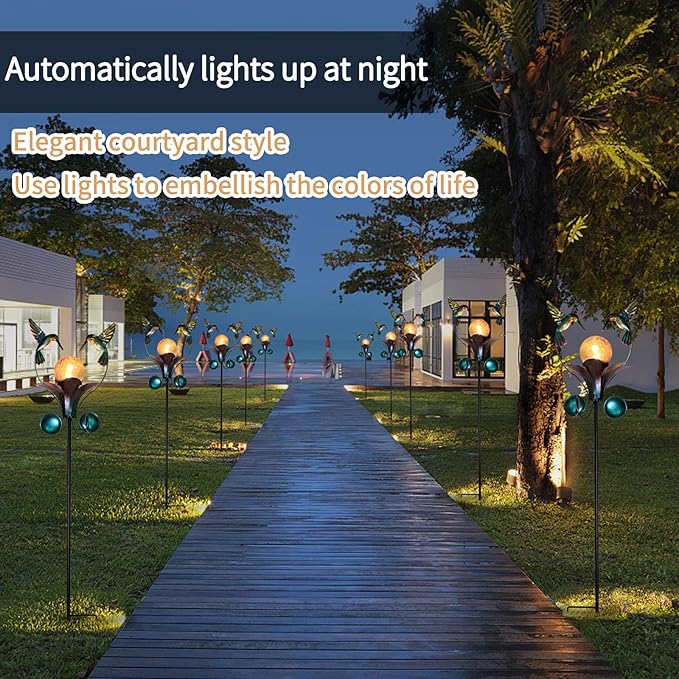 VCUTEKA Solar Lights Outdoor Metal Garden Stake Waterproof Crackle Glass Globe Garden Decor Hummingbird for Pathway, Lawn, Patio, Yard-VerdiqueGarden