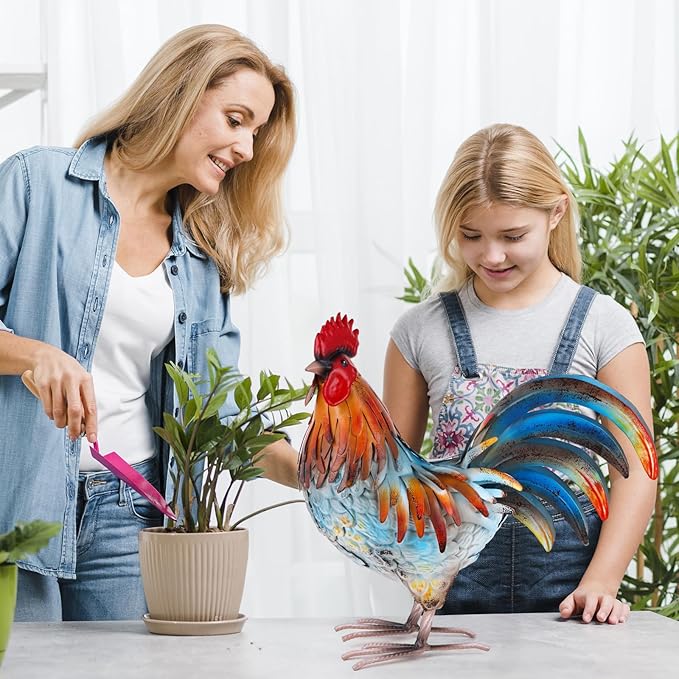 Metal Rooster Decor Garden Statue,Yard Chicken Decorations Outdoor Sculpture for Backyard Patio Kitchen Lawn Ornaments,Birthday for Women Mom-VerdiqueGarden