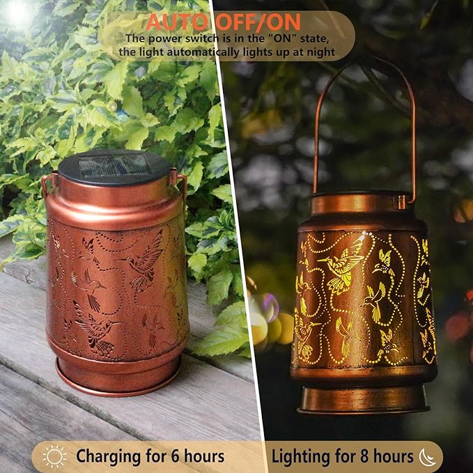 Solar Hummingbird Lanterns Outdoor Hanging Decor Lantern,Waterproof Hollow Out Metal Decorative Garden Light,Graceful Decoration for Patio,Yard,Landscape,Walkway,Festival-VerdiqueGarden