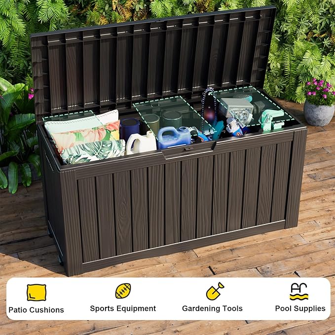 75 Gallon Resin Deck Box, Lockable Outdoor Storage Box for Patio Cushions Storage Furniture,Garden Tools, Pool Supplies, Weatherproof and UV Resistant（Black）-VerdiqueGarden