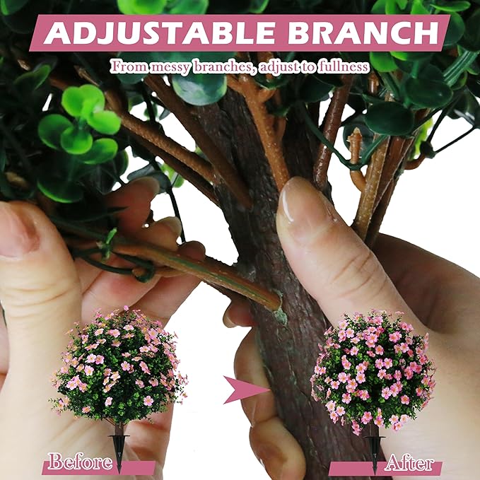 Sunnyglade Set of 2 Artificial Boxwood Topiary Ball Trees with Pink Flower, Faux Shrub Bushes with Ground Spike 25.5", UV Resistant Fake Boxwood Plants for Indoor, Garden, Porch, Patio Decor (Pink)-VerdiqueGarden