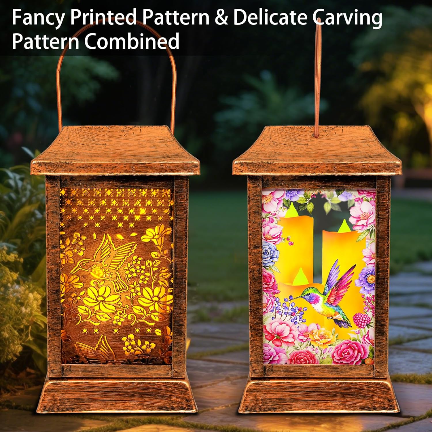 Hummingbird Solar Lanterns Outdoor Hanging Lanterns, Metal Glass Garden Decor Solar Lights, Gifts for Women Mom Birthday Grandma Mothers Day, Waterproof Decorative Lantern for Outside Patio Yard-VerdiqueGarden