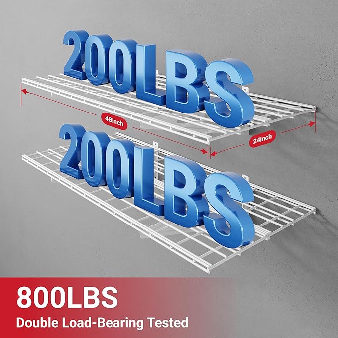 LEXIMOUNTS 2-Pack 2x4ft Garage Shelving with Hooks, 24-inch-by-48-inch Wall Shelf Garage Storage Racks Floating Shelves, White-VerdiqueGarden