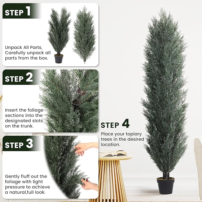 THE BLOOM TIMES 5ft Topiary Trees Artificial Outdoor – UV Resistant Faux Cedar Pine Cypress Bushes and Shrubs, Fake Potted Plants for Front Porch Outside Planter Patio Decor, Set of 2 (5 Foot)-VerdiqueGarden