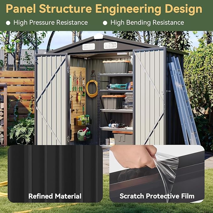 Aoxun 6'x4' Outdoor Storage Shed with Base Galvanized Steel Metal Garden Shed for Patio, Lawn & Garden Black, 6' x 4'W/Base-VerdiqueGarden