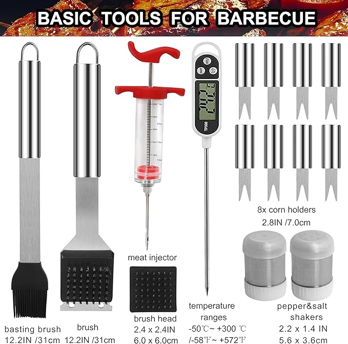 Grilljoy 24PCS BBQ Grill Tools Set with Meat Thermometer and Injector - Extra Thick Stainless Steel Fork, Spatula& Tongs - Complete BBQ Accessories in Aluminum Case - Perfect Grill Gifts for Men-VerdiqueGarden