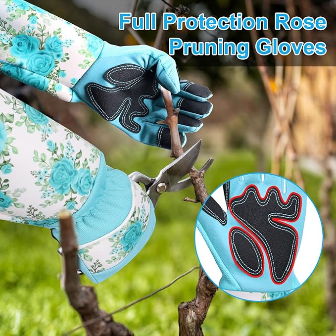 DLY Gardening Gloves for Women, Rose Gloves Gardening Thorn Proof, Long Garden Gloves for Women, Breathable & Durable Leather Gauntlet(Medium, Light Blue)-VerdiqueGarden
