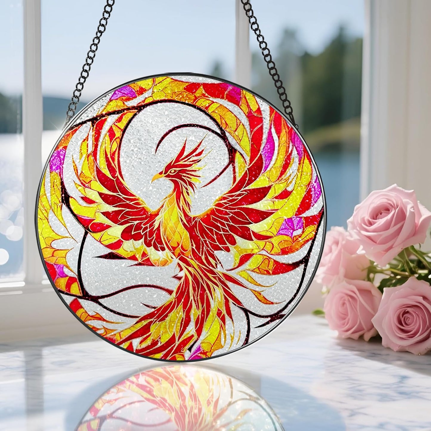 Stained Glass Window Hanging, Stained Glass Suncatcher, Phoenix Sun Catcher, Window Decor, Phoenix Gift, Gifts for Mothers Day, Christmas or Birthday Gift, Gifts for Her Mom Grandmother Daughter-VerdiqueGarden