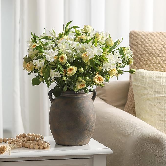 Ceramic Flower Vase 7.6 inch Farmhouse Rustic Vase Decorative Pottery Terracotta Vases for Home Decor Table Mantle Fireplace Living Room Bathroom Wedding Centerpiece (Black)-VerdiqueGarden