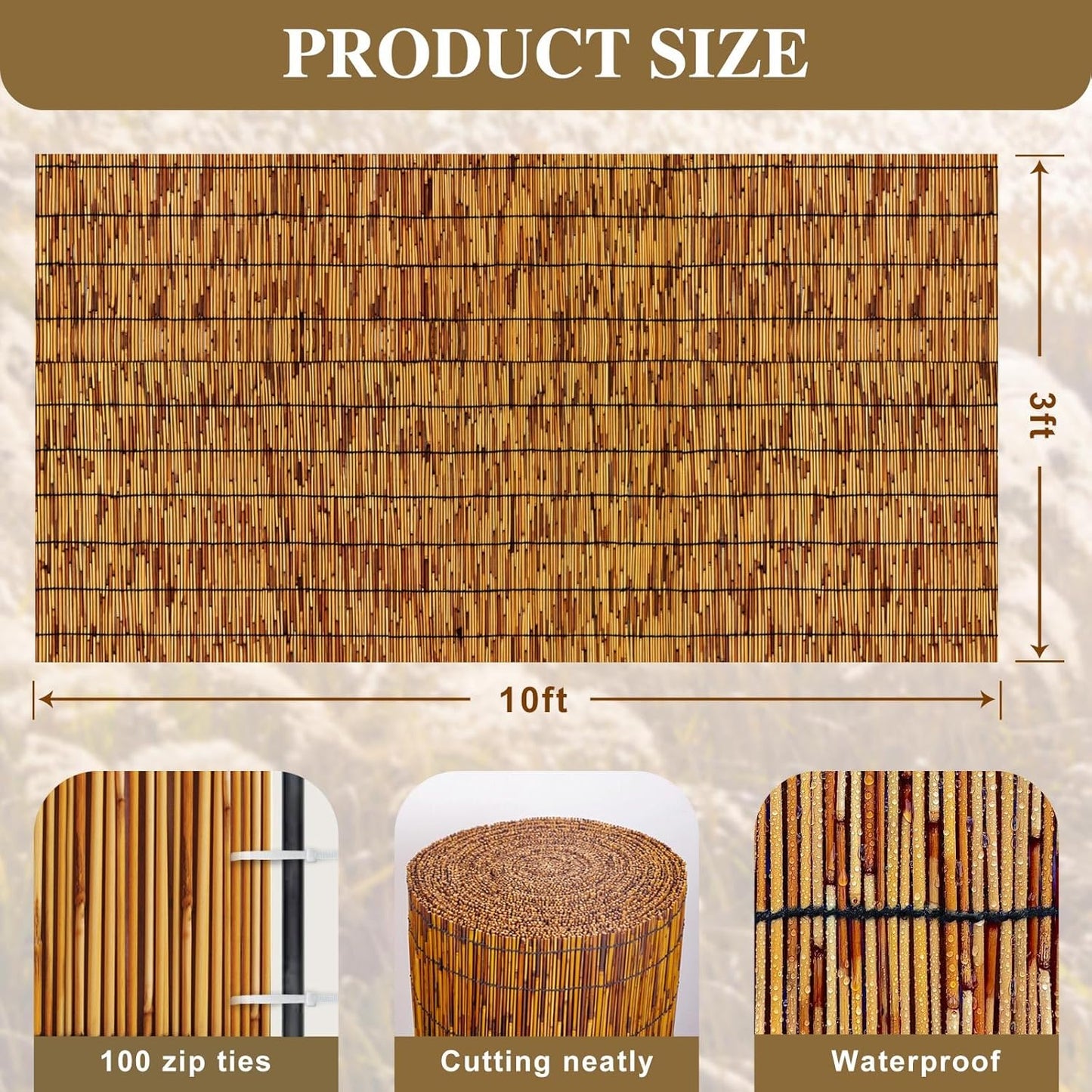 Natural Reed Fencing,Decorative Bamboo Fence Rolls Handwoven Friendly Sun Shade for Garden,Patio,Balcony Windows 3x10FT-VerdiqueGarden