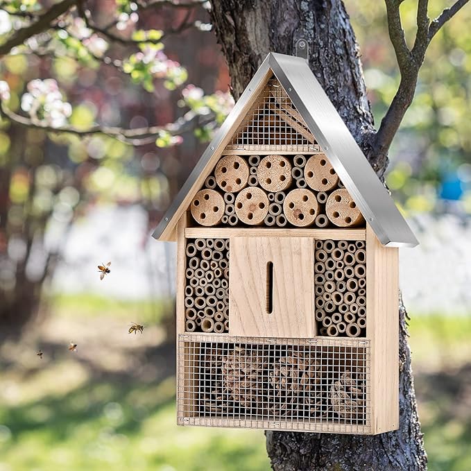 Wooden Mason Insect Bee Butterfly House,Insect Hotel,an Outdoor Hanging Bamboo Habitat for Bee Butterfly Ladybugs Live,Bee Box,Butterfly Habitat for Garden,9 x 15.7 x 2.5 Inch-VerdiqueGarden