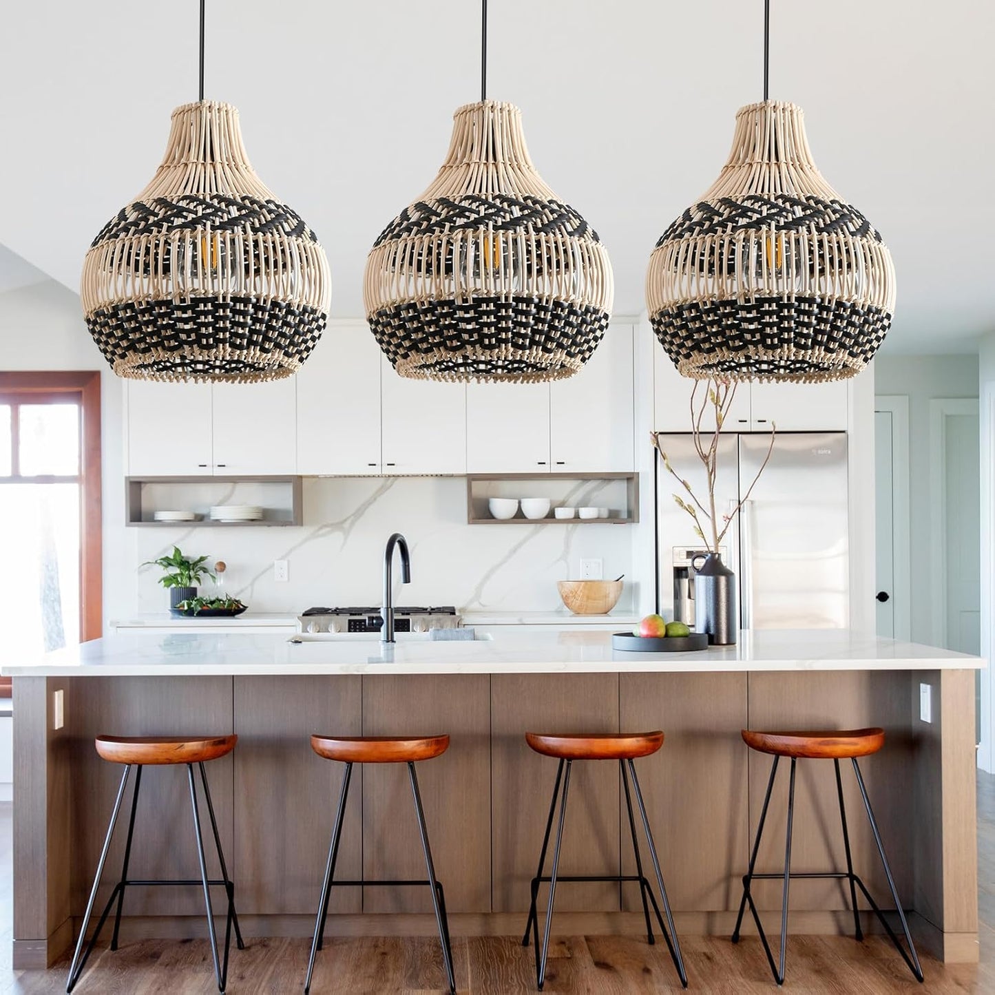 3-Pack Fax Rattan Pendant Light Fixture Mini Hand-Woven Black White Rattan Chandelier 10.24" Boho Wicker Hanging Lamp for Dining Living Bedroom Kitchen Farmhouse-VerdiqueGarden