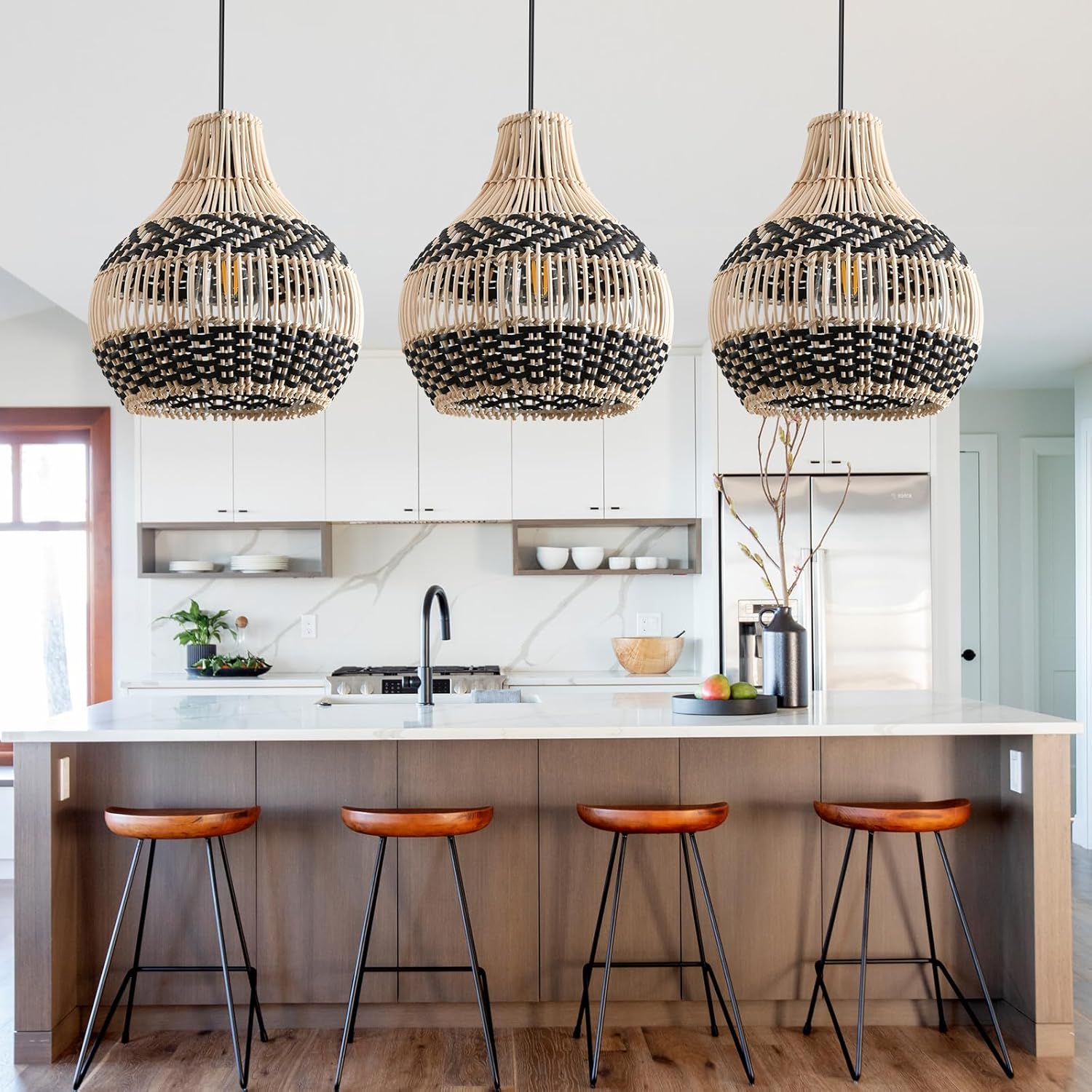 3-Pack Fax Rattan Pendant Light Fixture Mini Hand-Woven Black White Rattan Chandelier 10.24" Boho Wicker Hanging Lamp for Dining Living Bedroom Kitchen Farmhouse-VerdiqueGarden